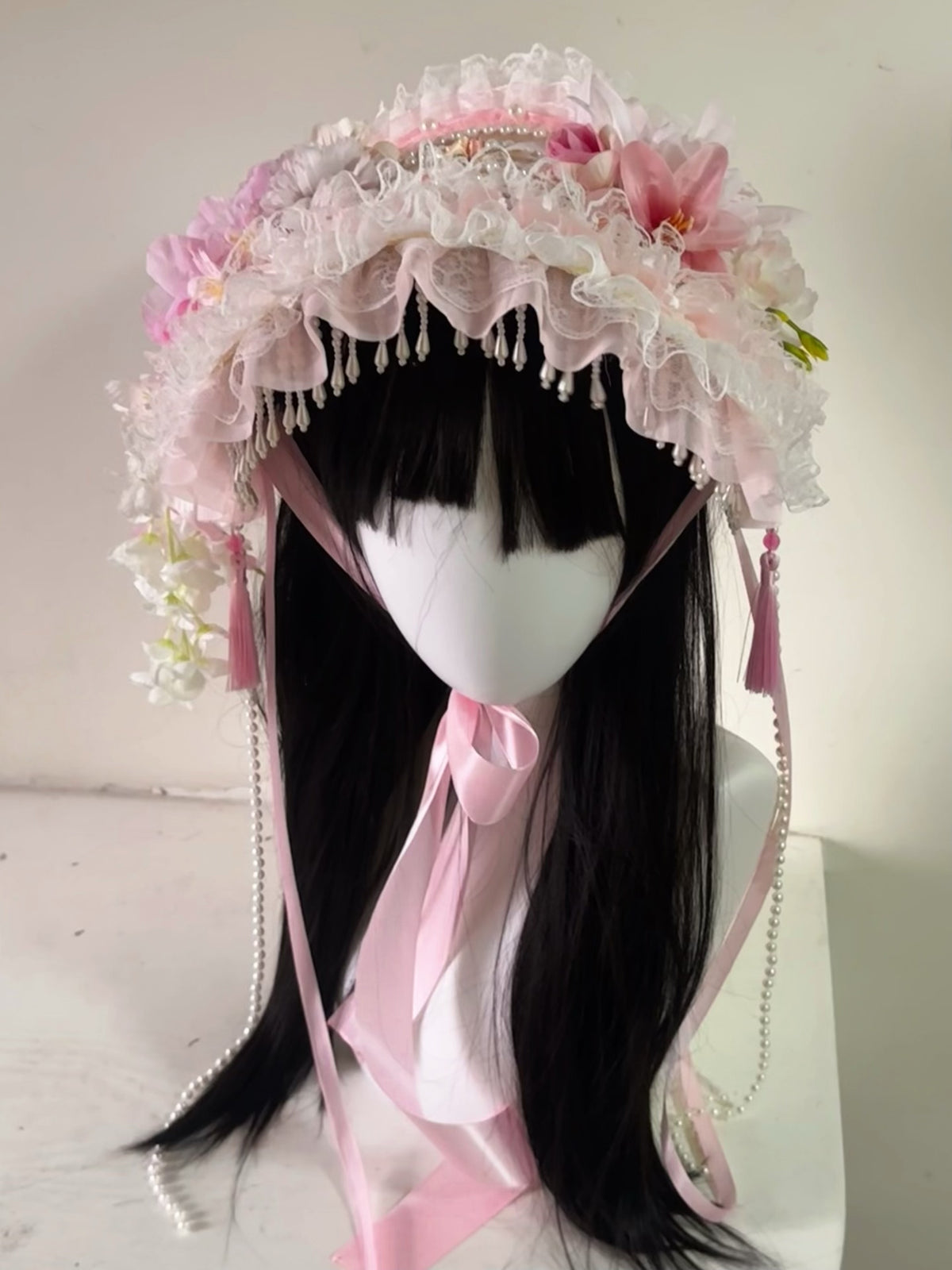 Lolita Bonnet with Pearl and Flower Trim