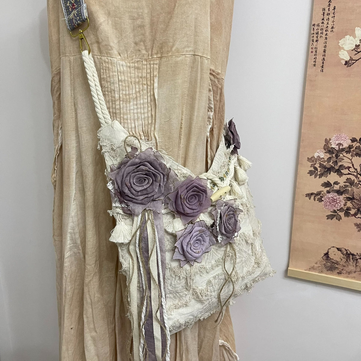Handwoven Fabric Bag with Purple Roses