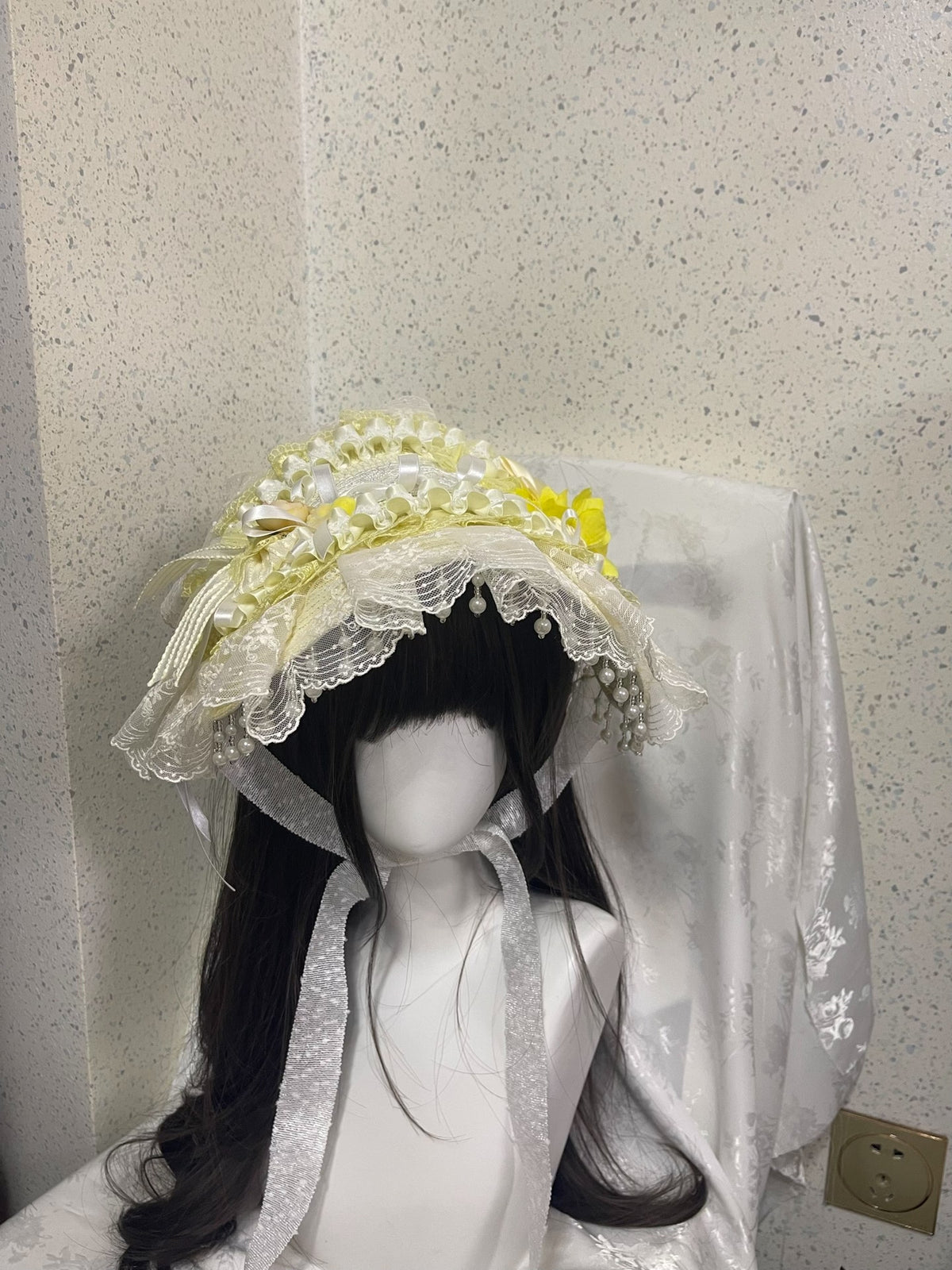Lolita Bonnet Hat Yellow Lace Floral