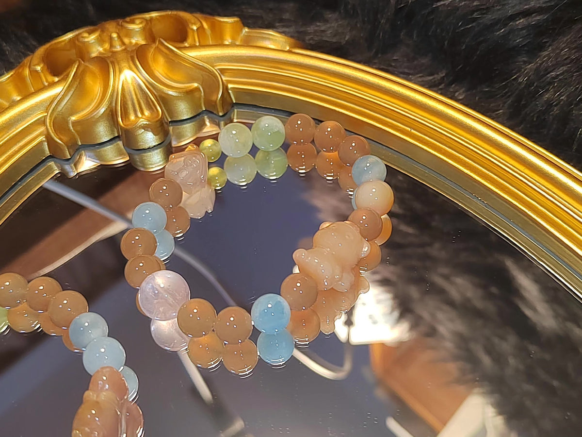 Coral Jade Bear Charm Beaded Bracelet