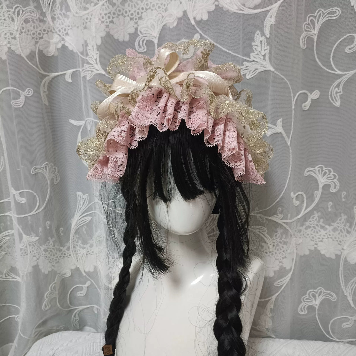 ピンクレースのダブルレイヤー ロリタヘッドバンド