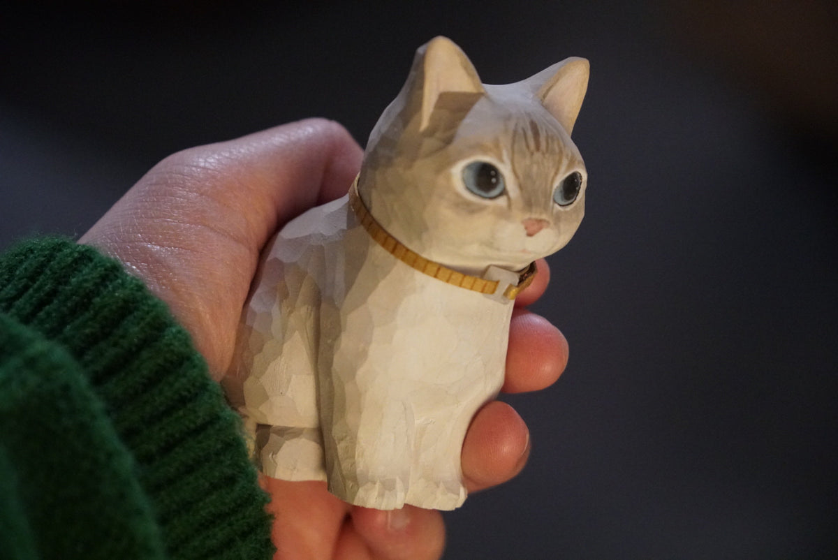 Handcrafted Linden Wood Cat Sculpture Geometric Design