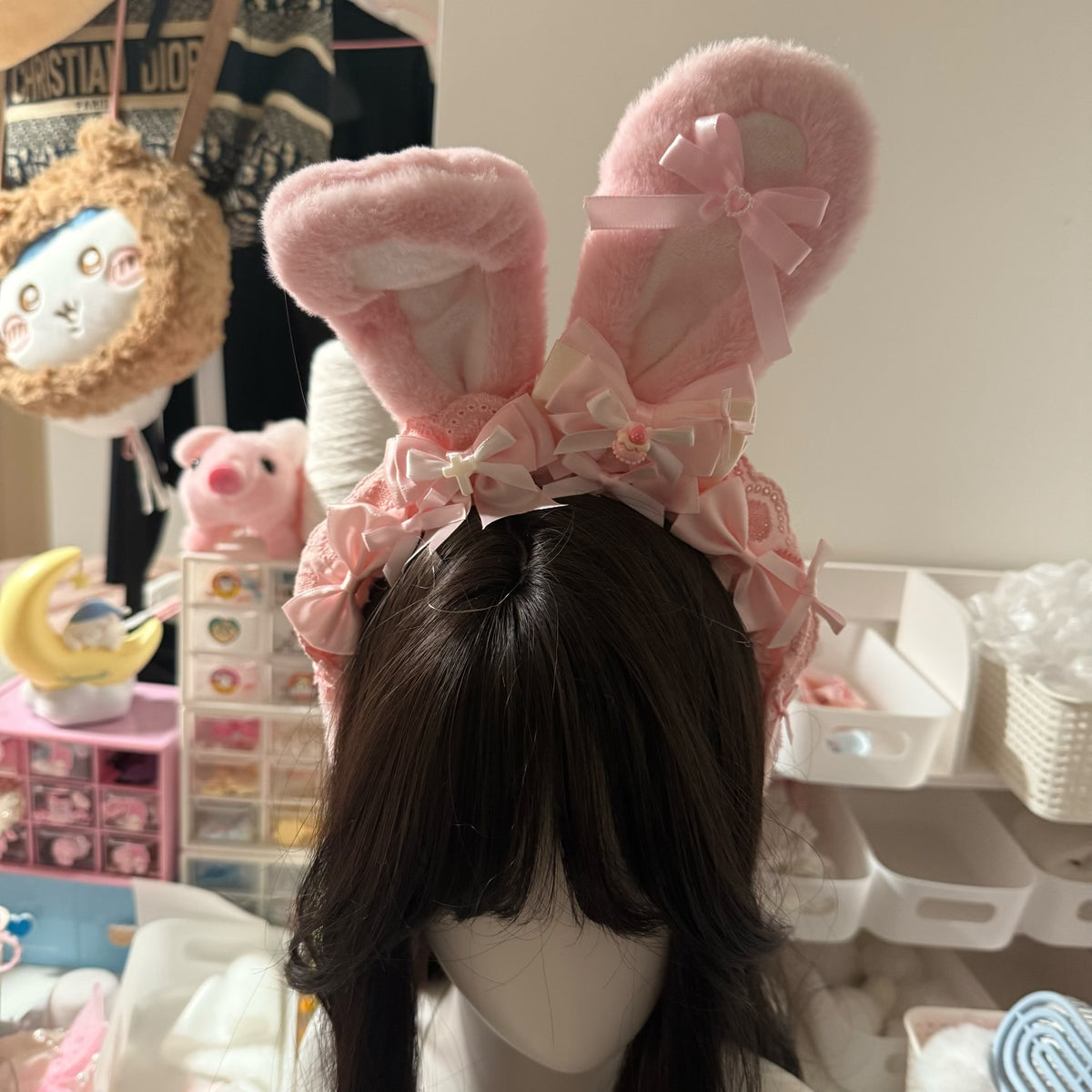 Pink Plush Rabbit Ear Bow Headband