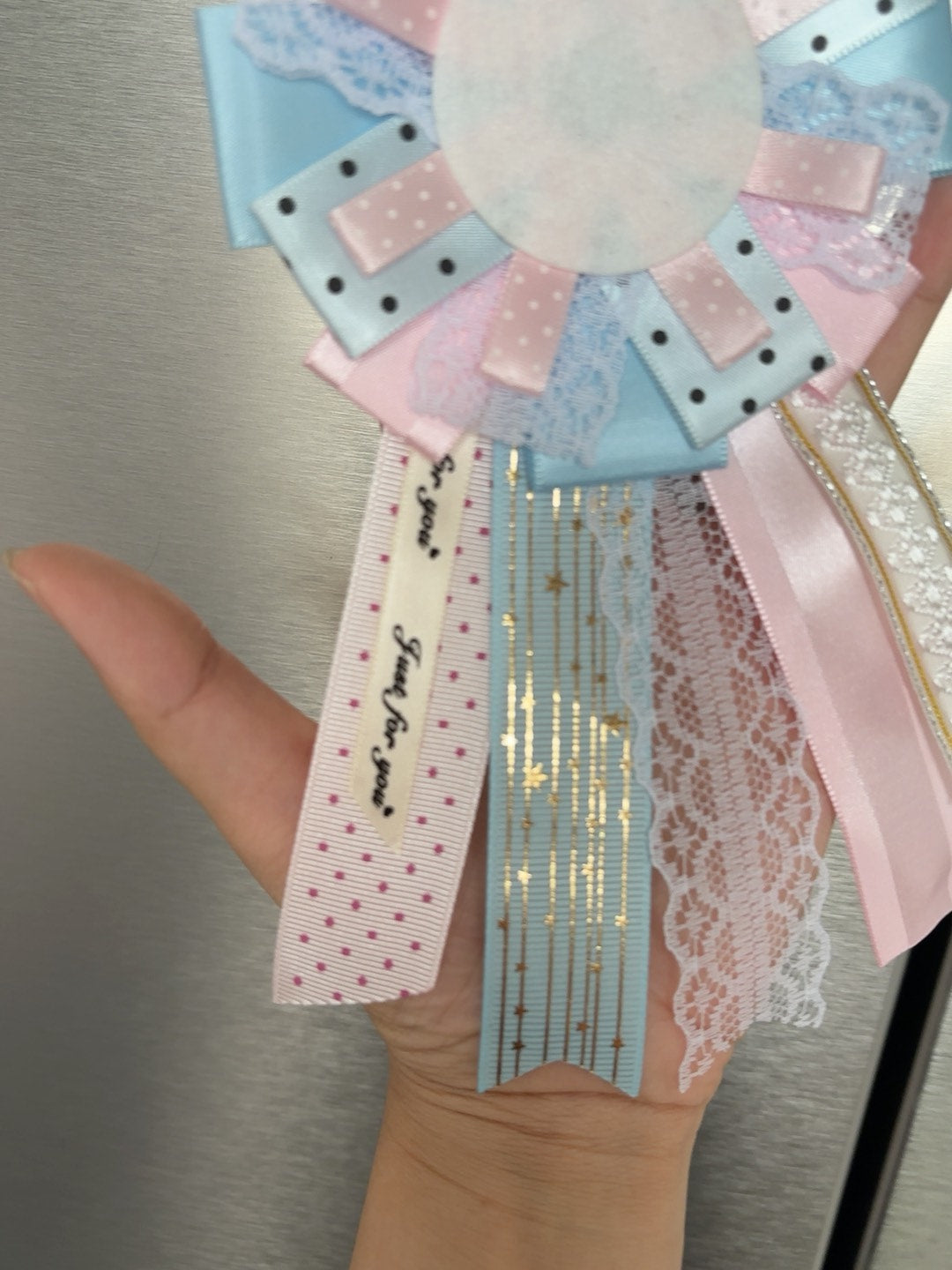 Blue Pink Ribbon Badge Holder Rosette