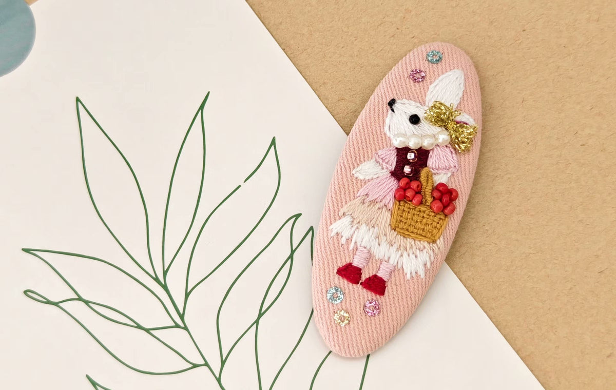 Hand Embroidered Rabbit Hair Clip Pink Fabric