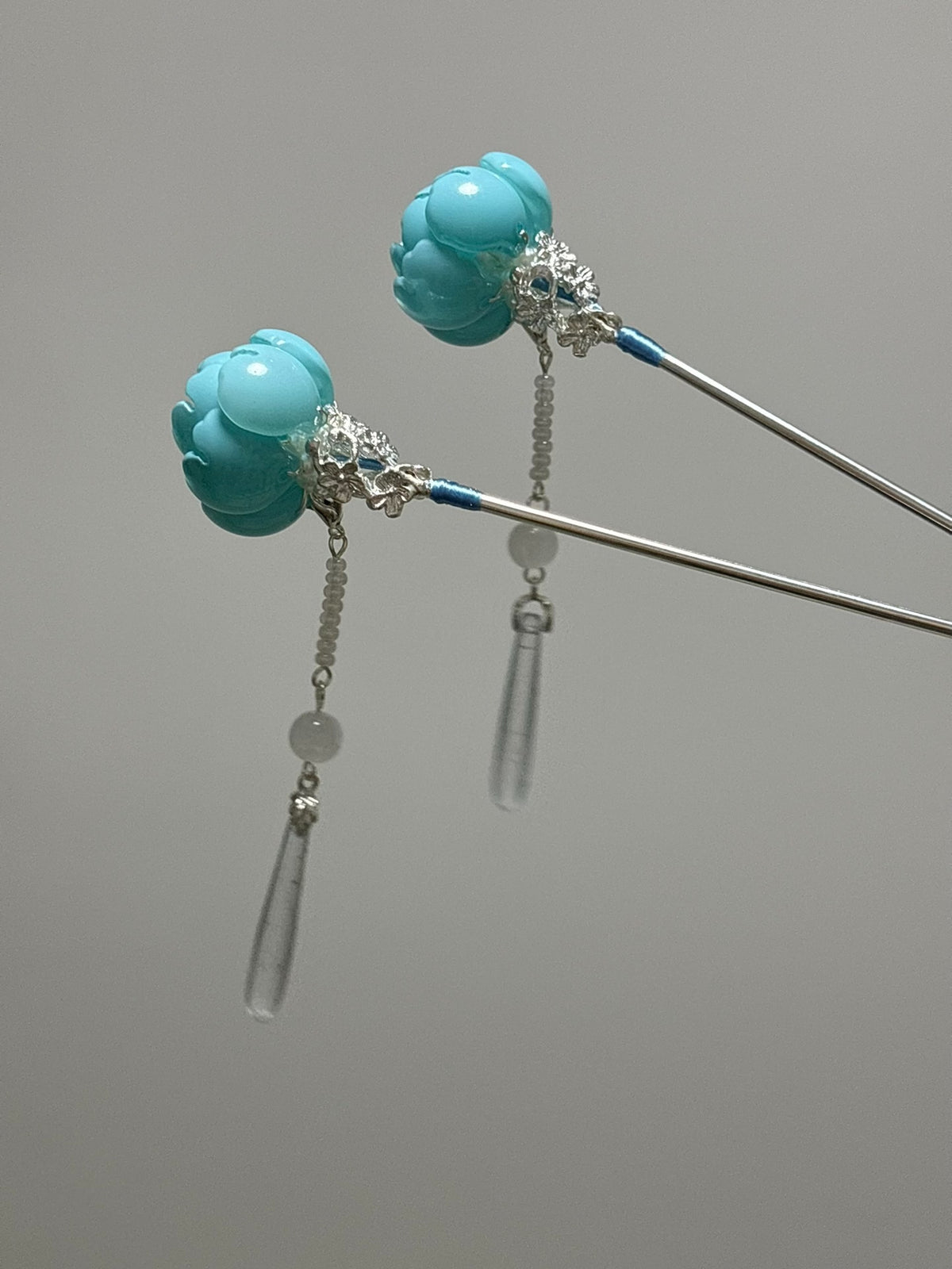 Liuli Turquoise Flower Hairpins with Tassels