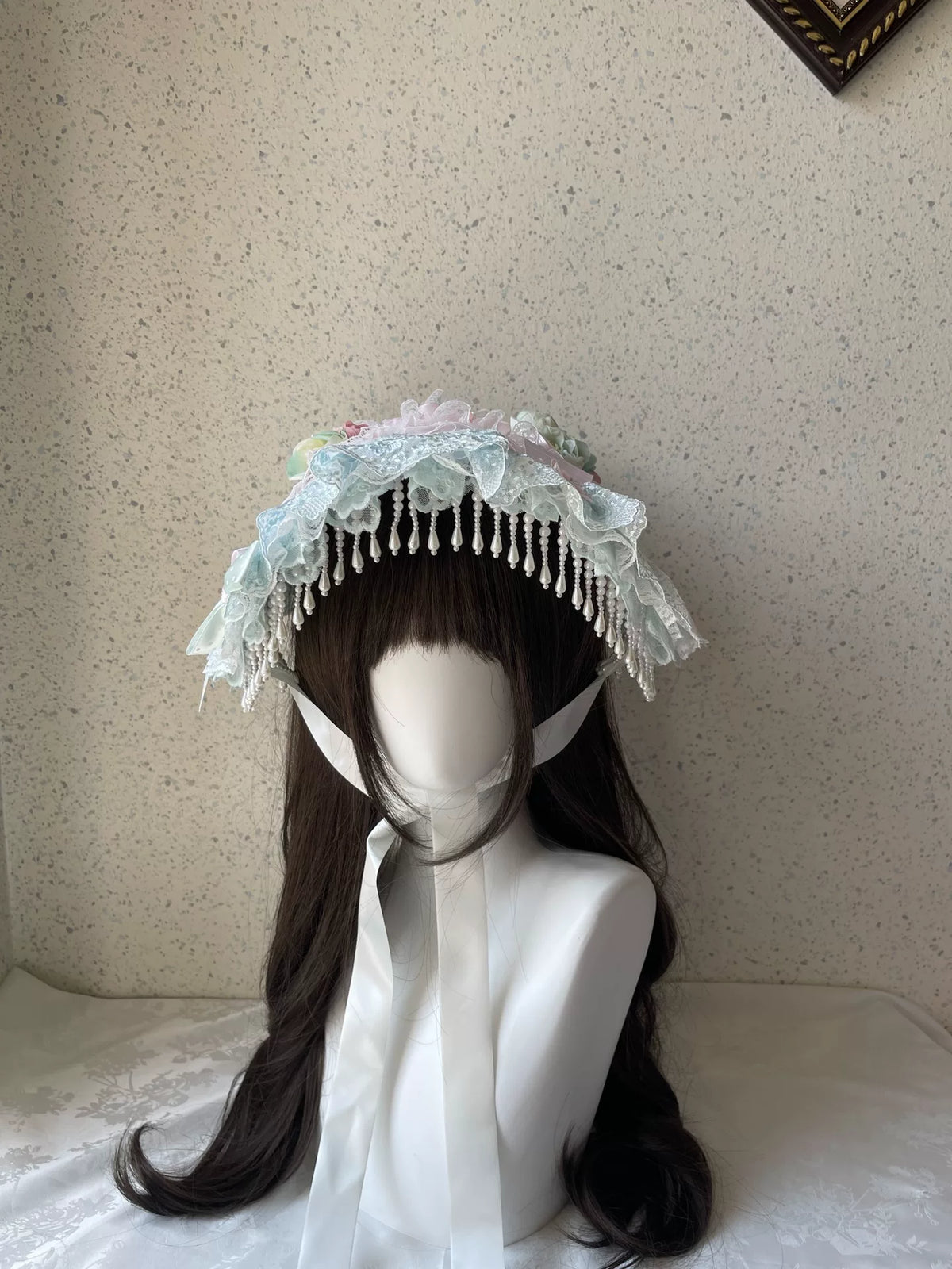 Gorro Lolita de Renda Verde-Menta e Rosa