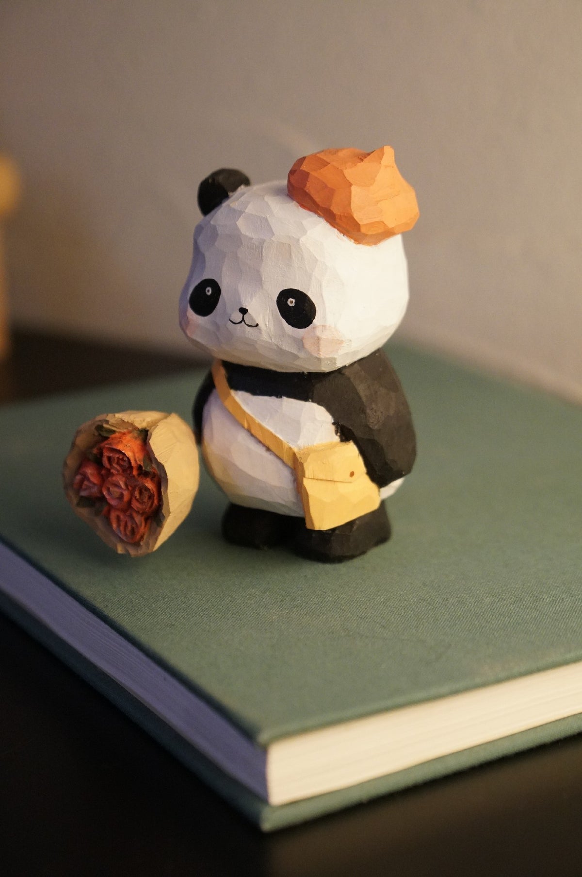 Handcrafted Wooden Panda Sculpture with Flowers