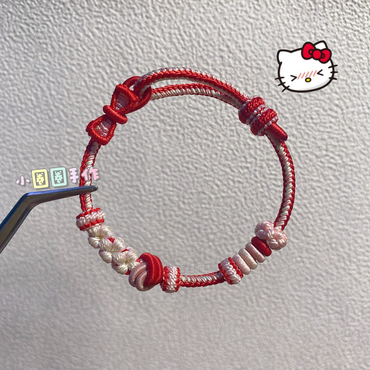 Handwoven Red White Adjustable Knot Bracelet