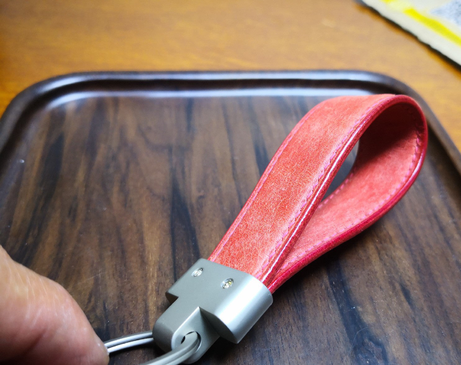Pink Leather Loop Keychain with Contrast Stitching