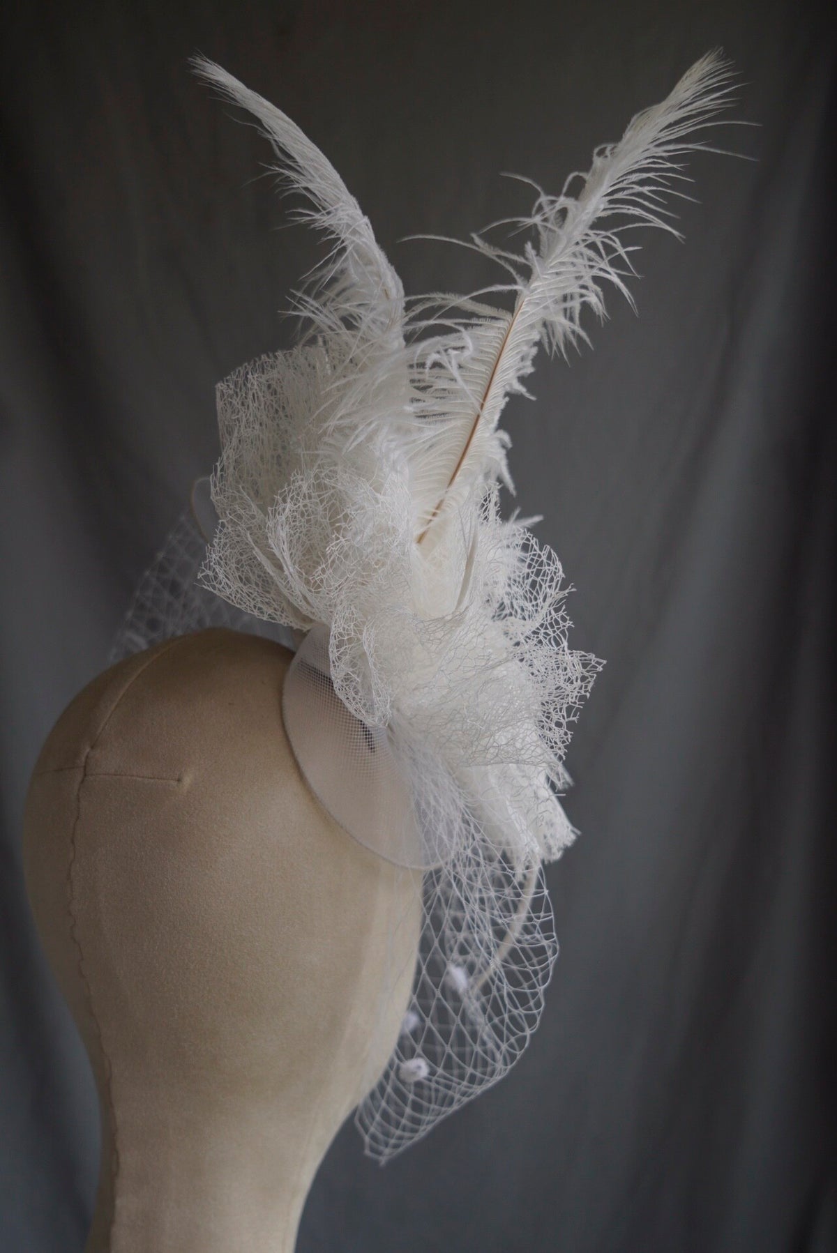 White Ostrich Feather Fascinator Headpiece with Veil