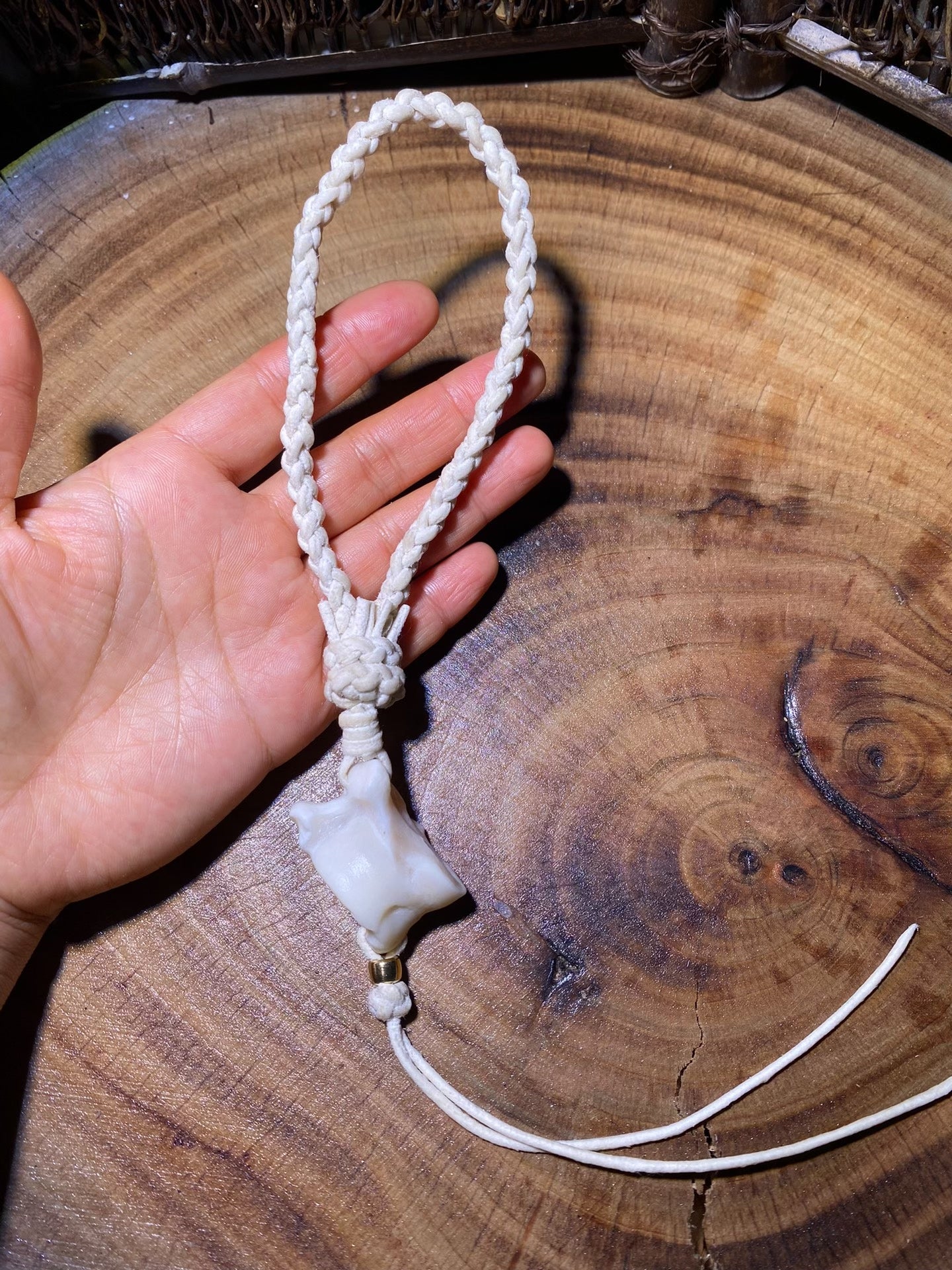 Handwoven Creamy White Rope Keychain with Amber Bead and Pendant