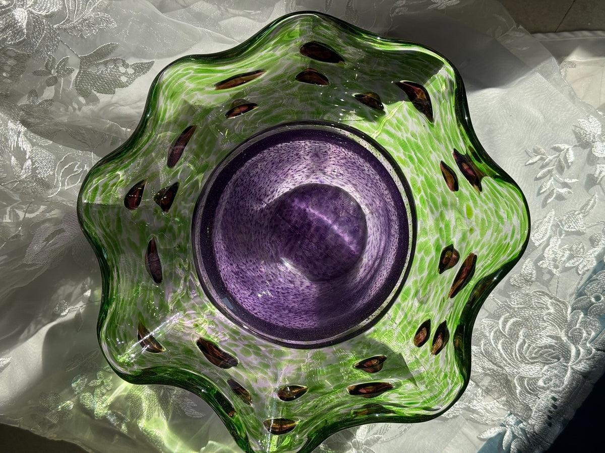 Vaso e Piatto da Frutta in Vetro Soffiato a Mano Viola e Verde