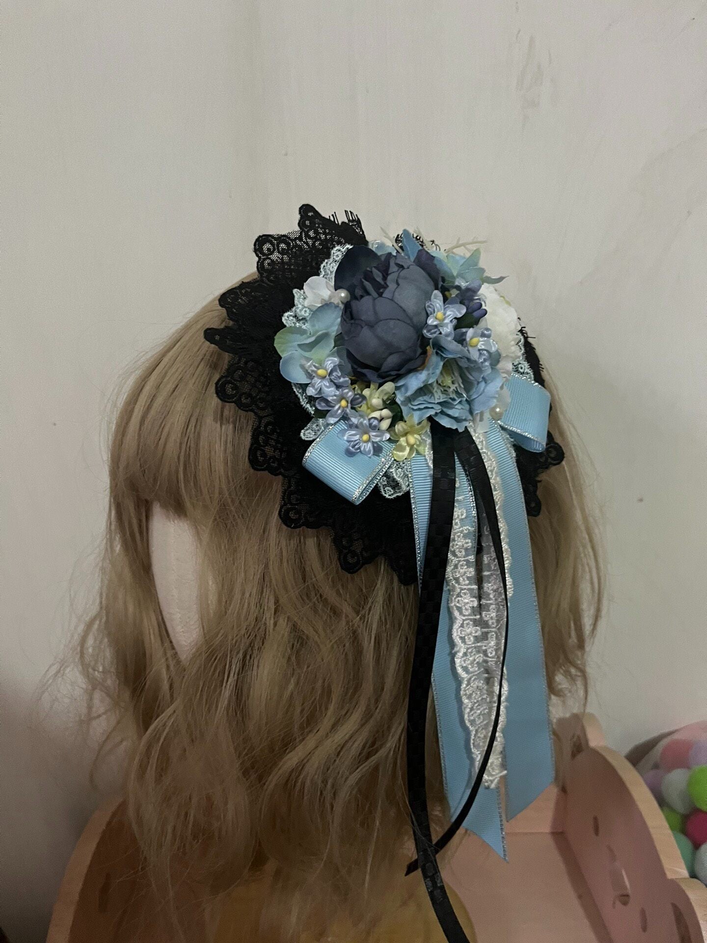 Handmade Lolita Blue-Black Flower Clip Brooch Two-Way Accessory