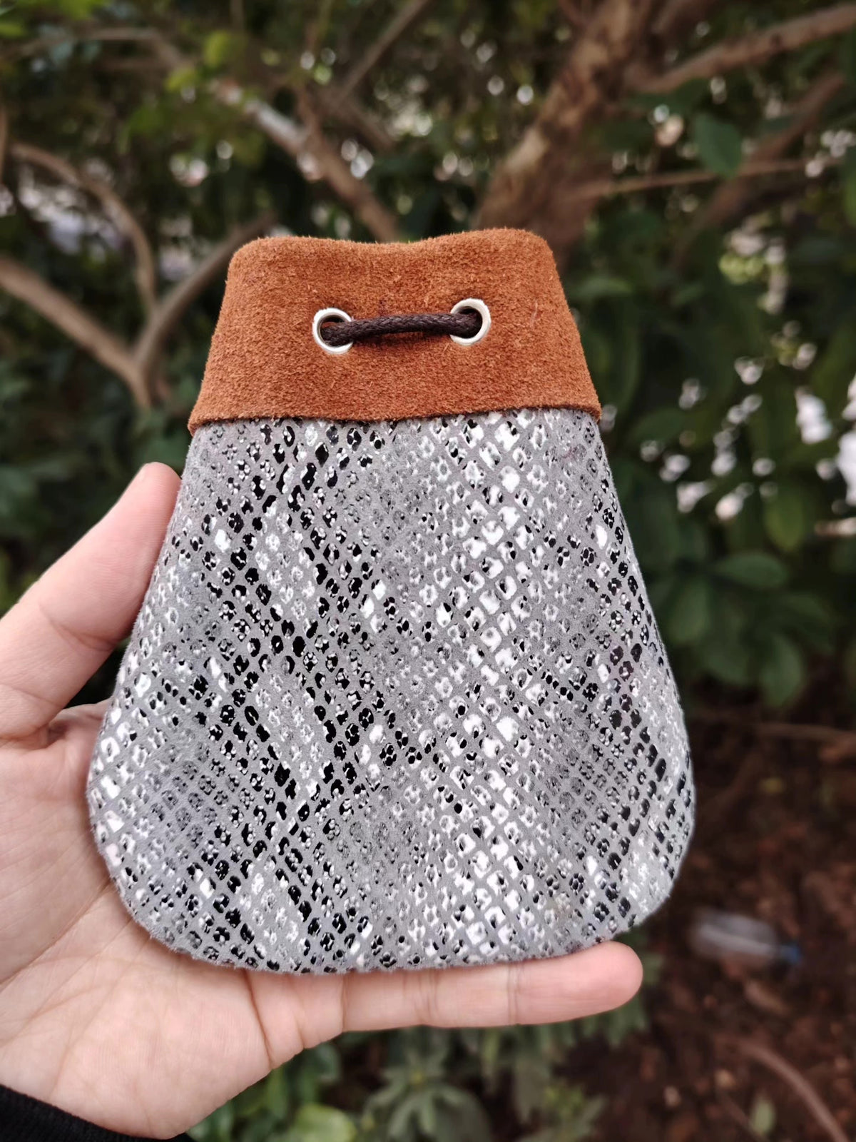 Snakeskin Leather Drawstring Collectible Pouch