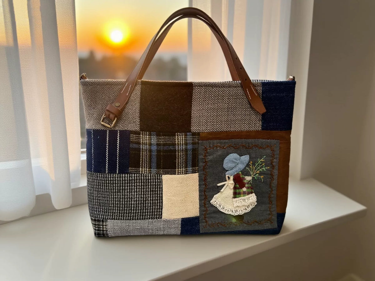 Handgefertigte Patchwork-Tote-Bag mit Ledergriffen