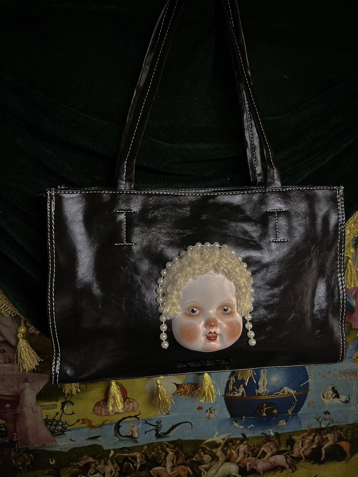 Ceramic Doll Face Handbag with Pearl Accents