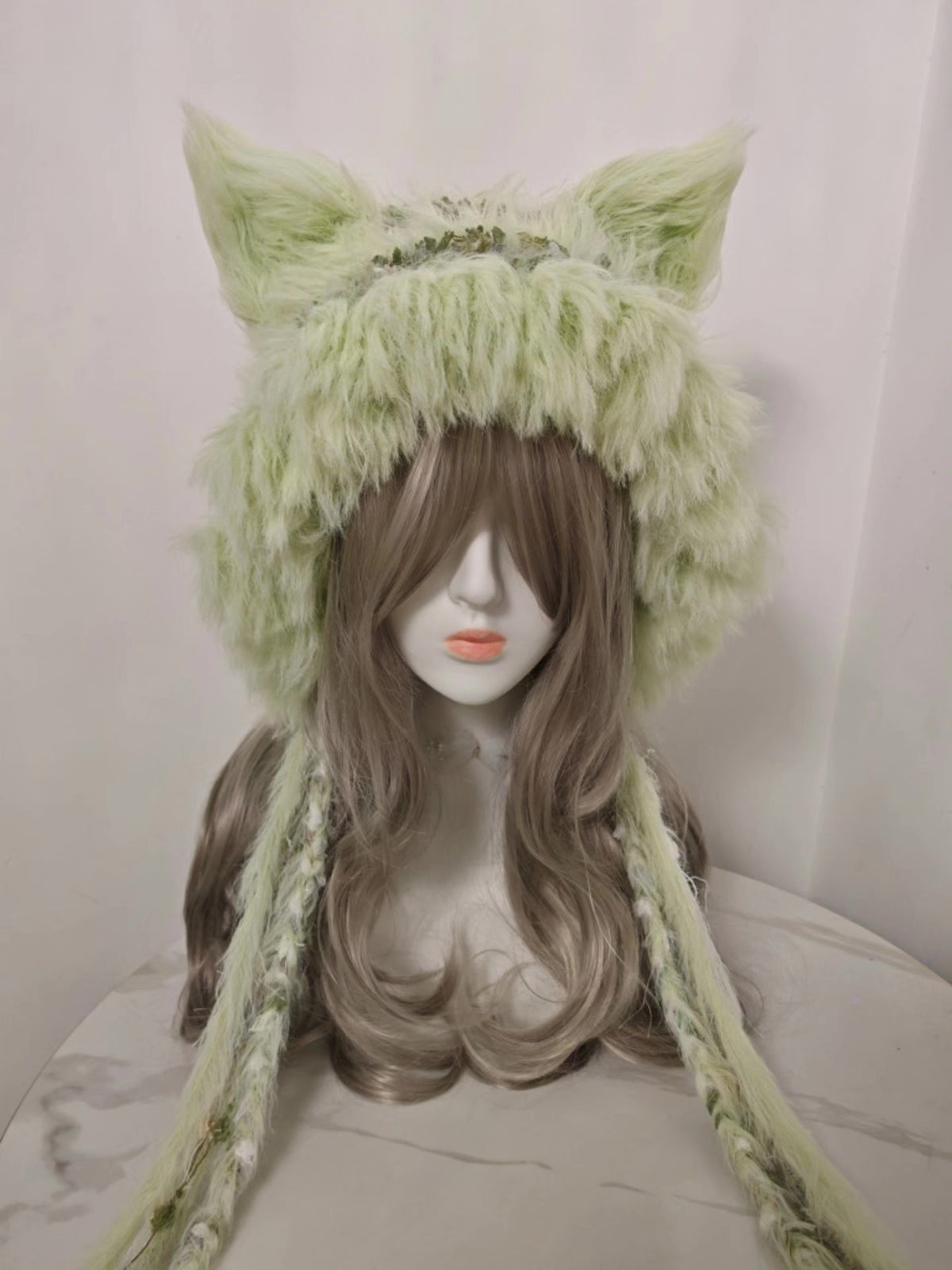 Green Fox Fur Hat with Braided Tassels