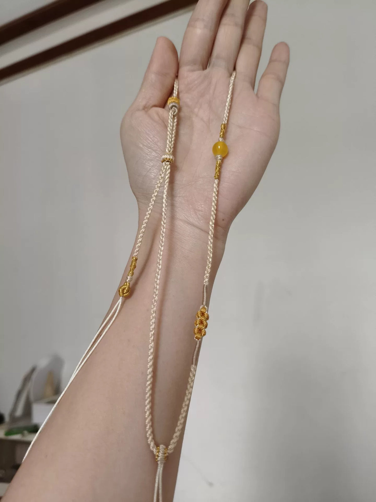 Hand Braided Ivory Necklace Cord Gold Bead