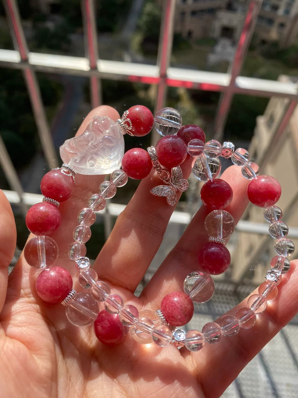 Rhodonite Helder Kwarts Vos Hart Armband Set