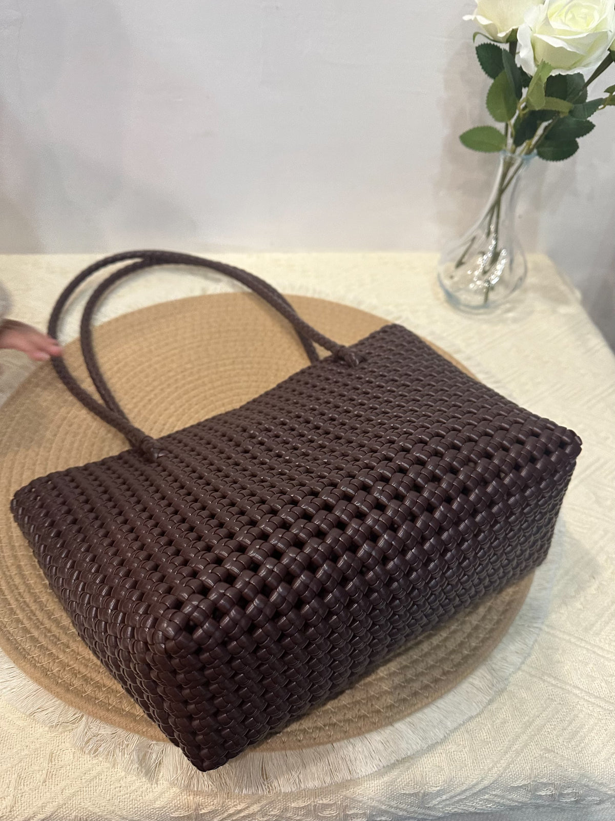Handwoven Rattan Tote Bag Coffee Brown
