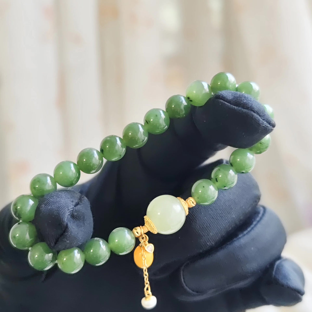 Green Jade Bracelet with Amber and Hetian Bead