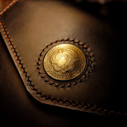 A6 Notebook Cover - Black Horween CXL Leather with Half Dollar Coin Closure