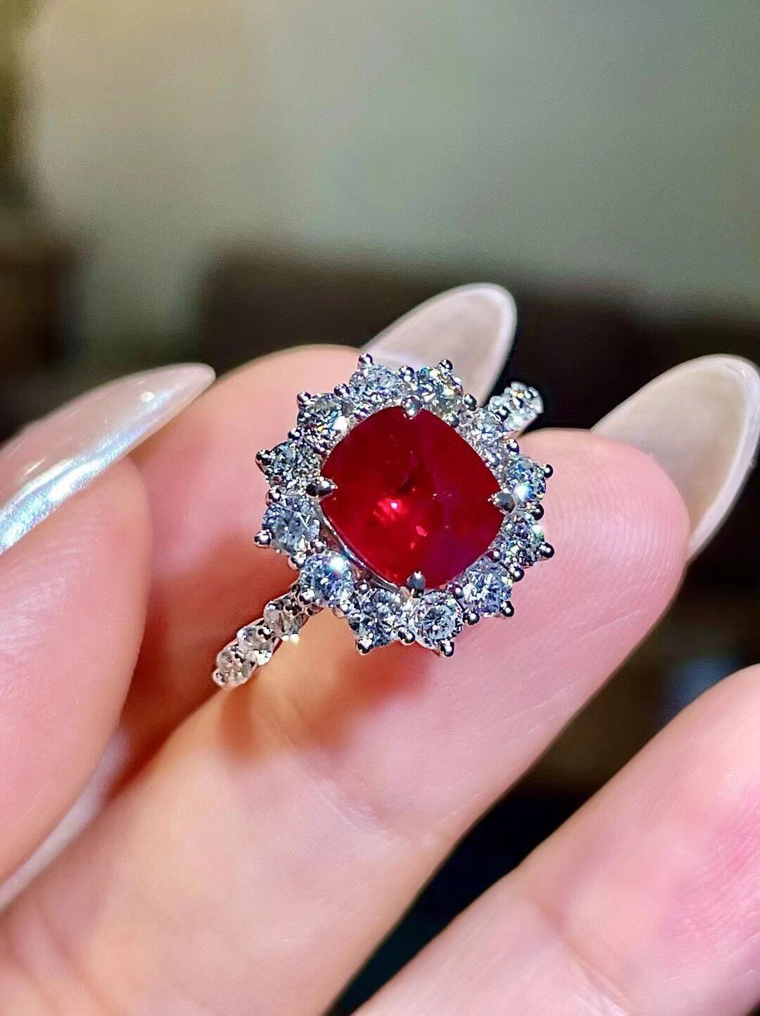 18K Gold Ring with 2.05ct Cushion-Cut Red Gemstone and 1.04ct Halo Stones