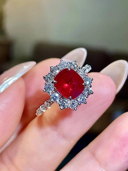 18K Gold Ring with 2.05ct Cushion-Cut Red Gemstone and 1.04ct Halo Stones