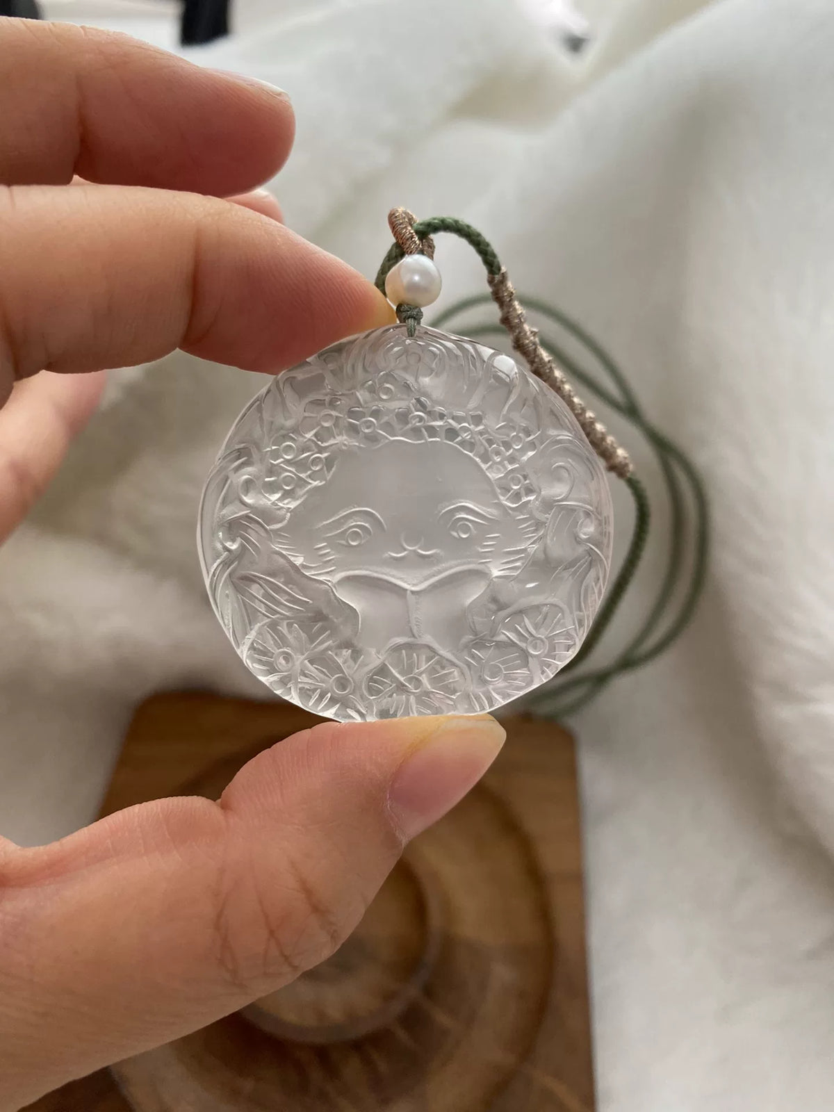Hand Carved Milky White Crystal Fox Pendant