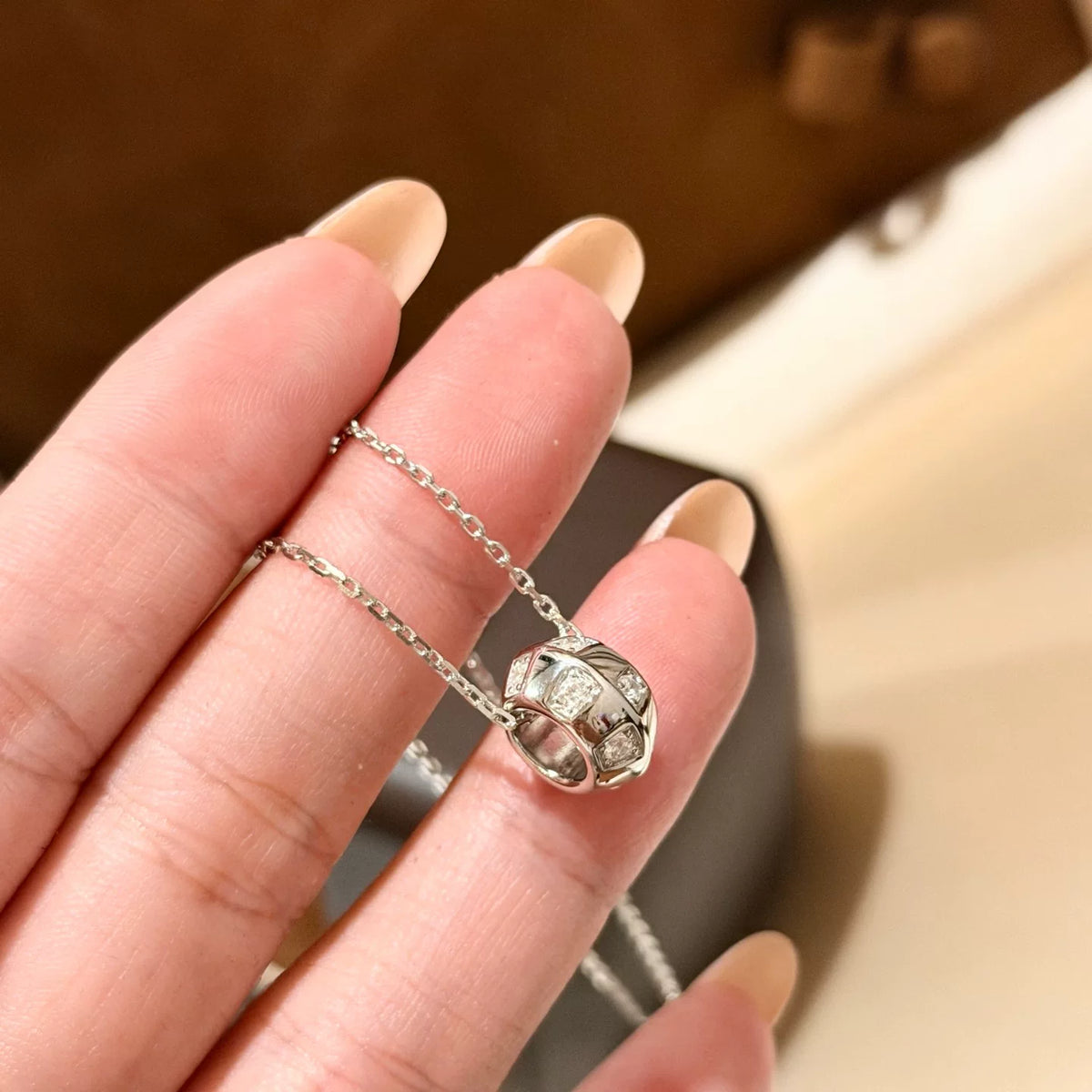 S925 Silver Checkerboard Roller Bead Necklace