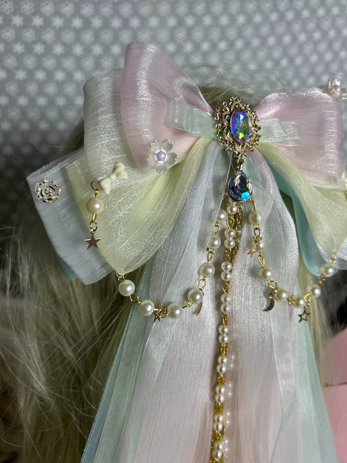 Laço de Cabelo em Camadas Pastel Rosa e Verde
