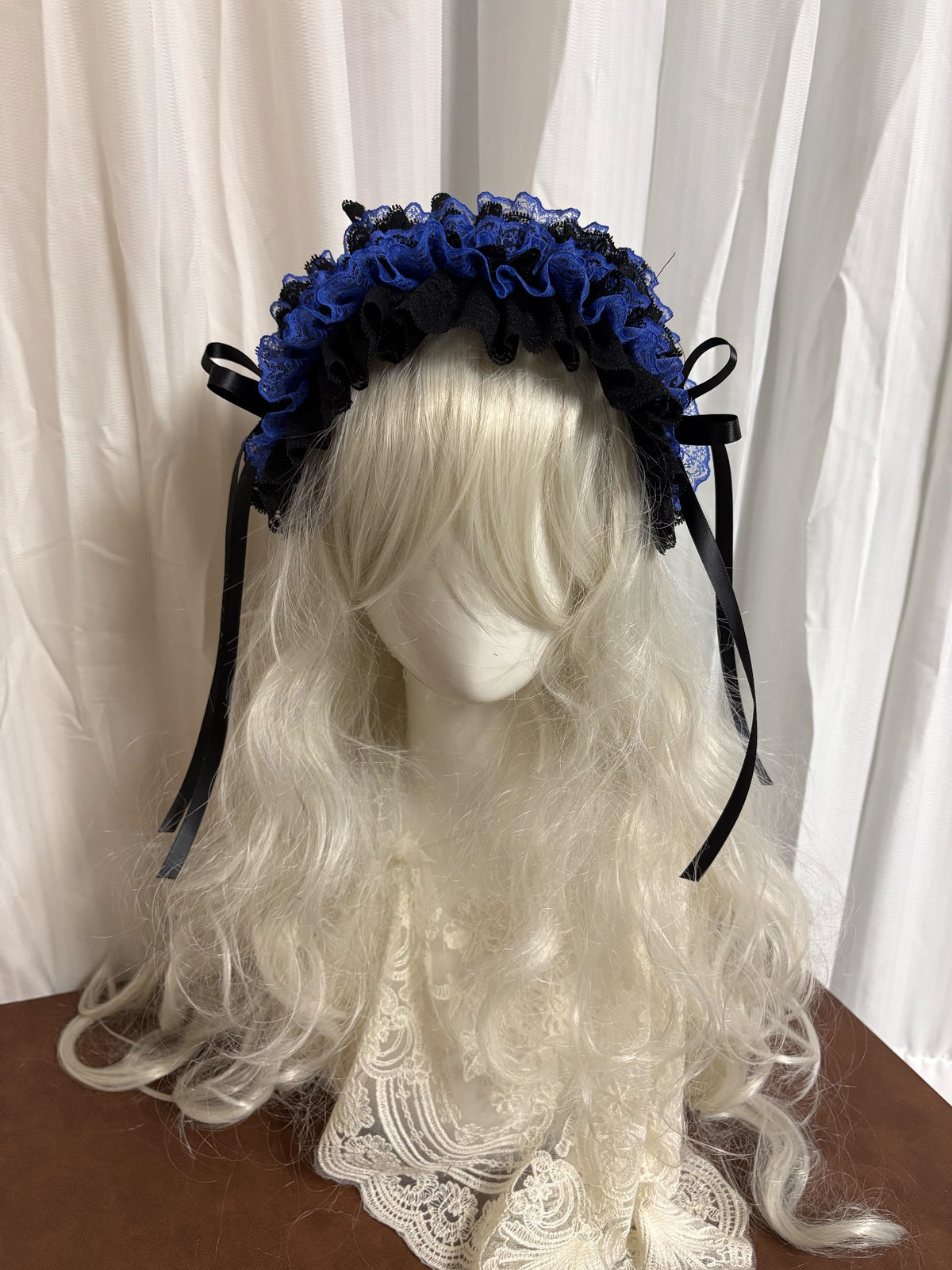 Black Blue Lace Ribbon Gothic Headpiece
