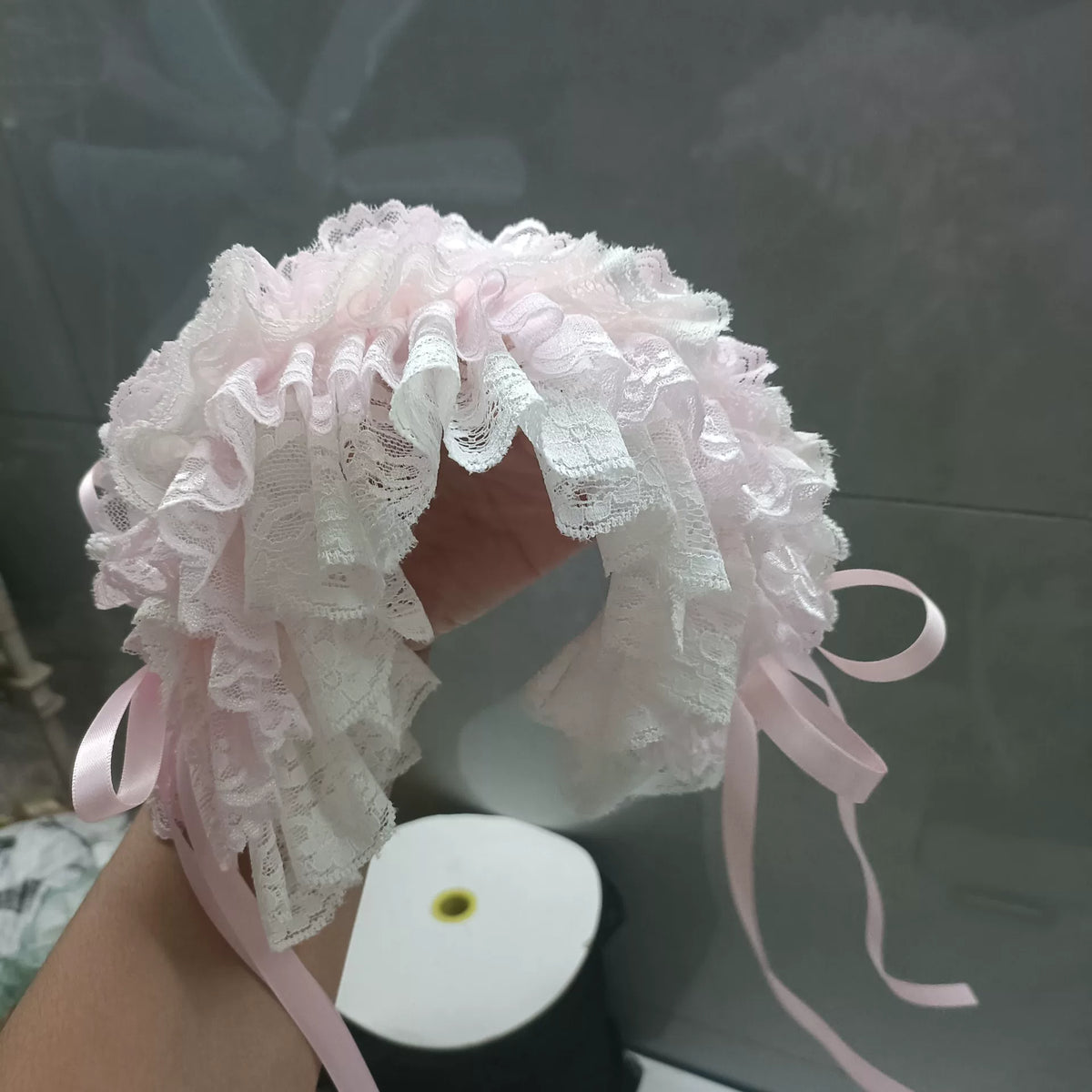 Pink Lace Ruffled Bonnet with Satin Ribbons