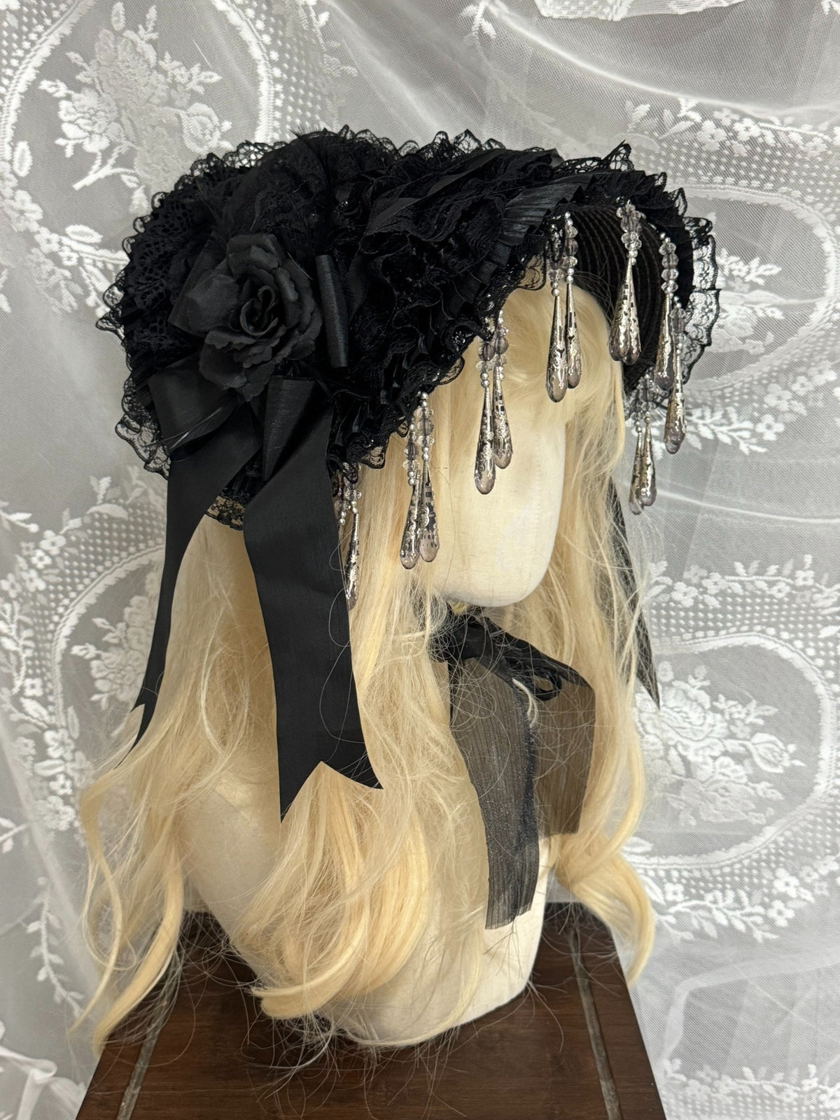 Gothic Lolita Handcrafted Hat with Lace Rose