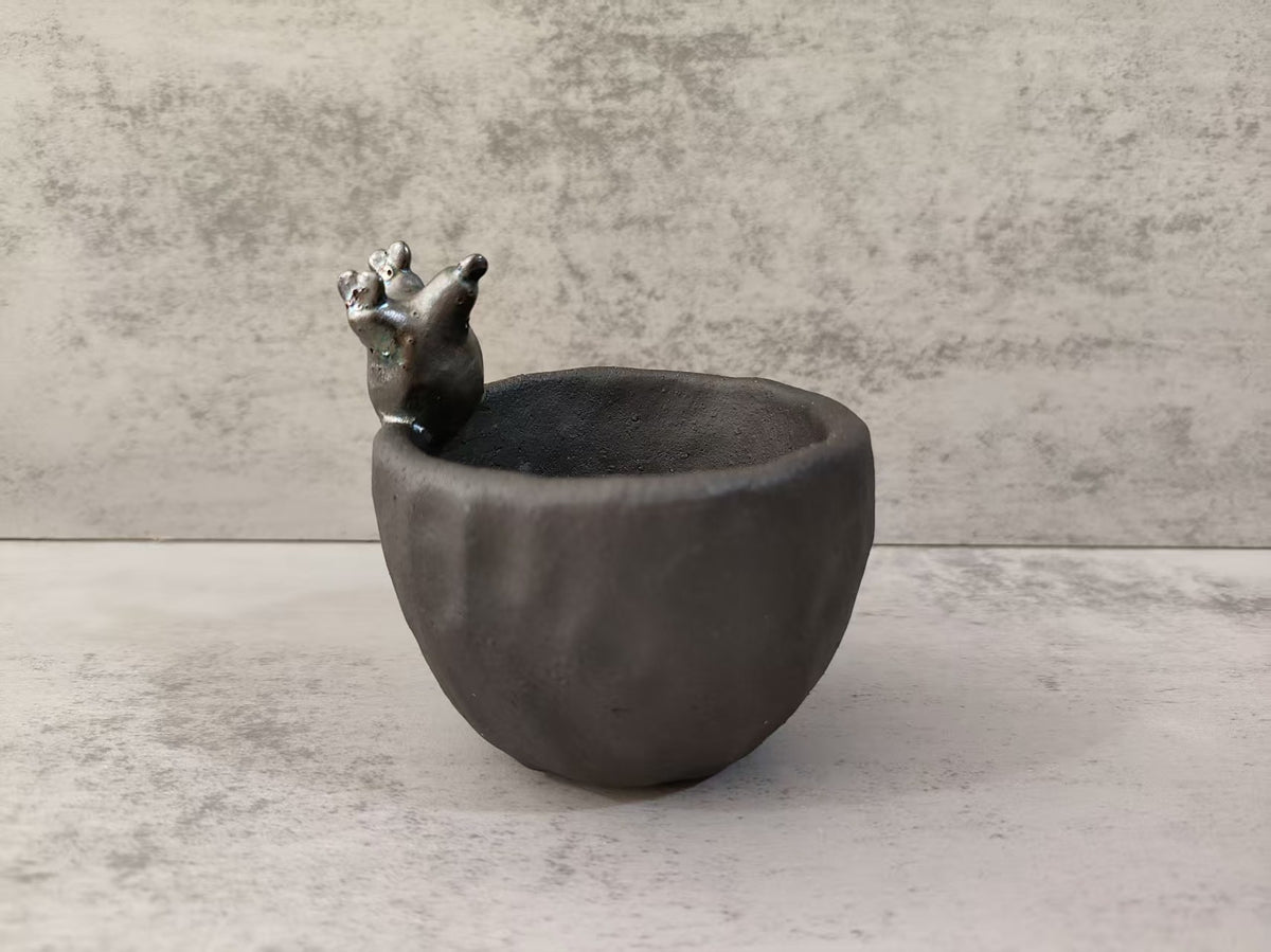 Handmade Clay Caudex Plant Pot with Cat Figure