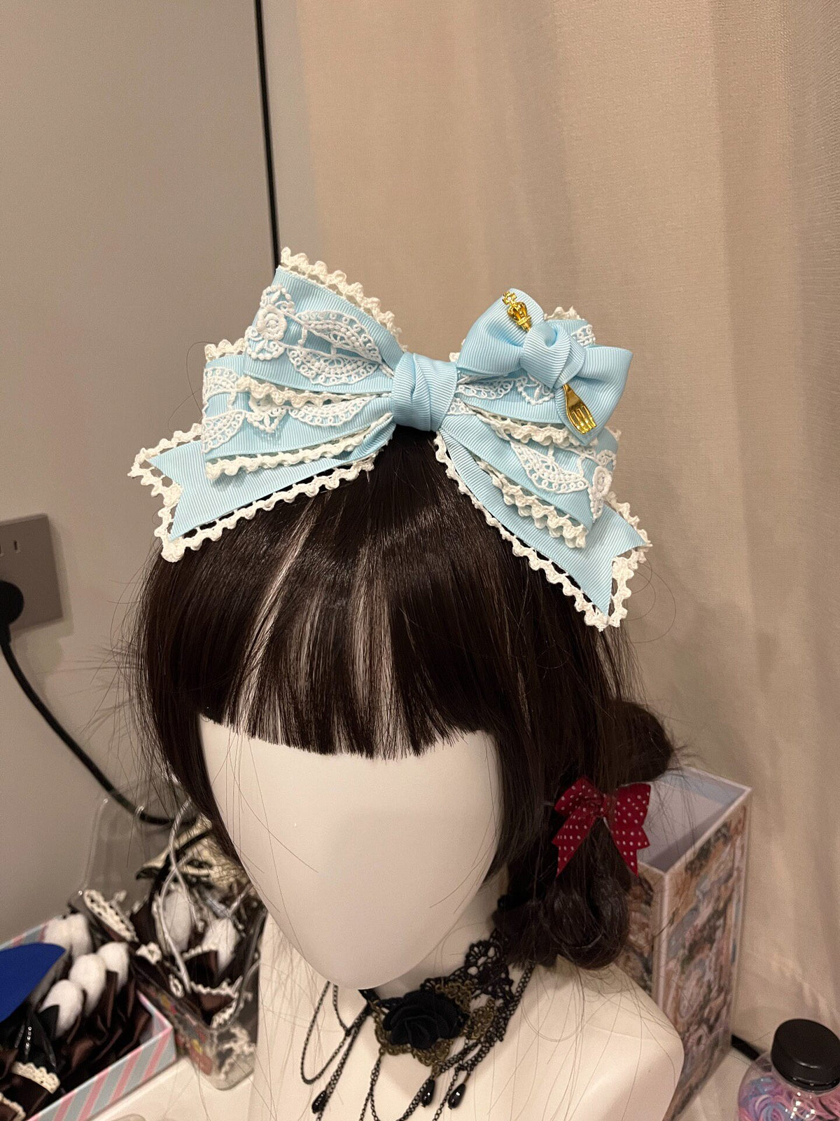 Blue White Asymmetrical Lace Head Bow