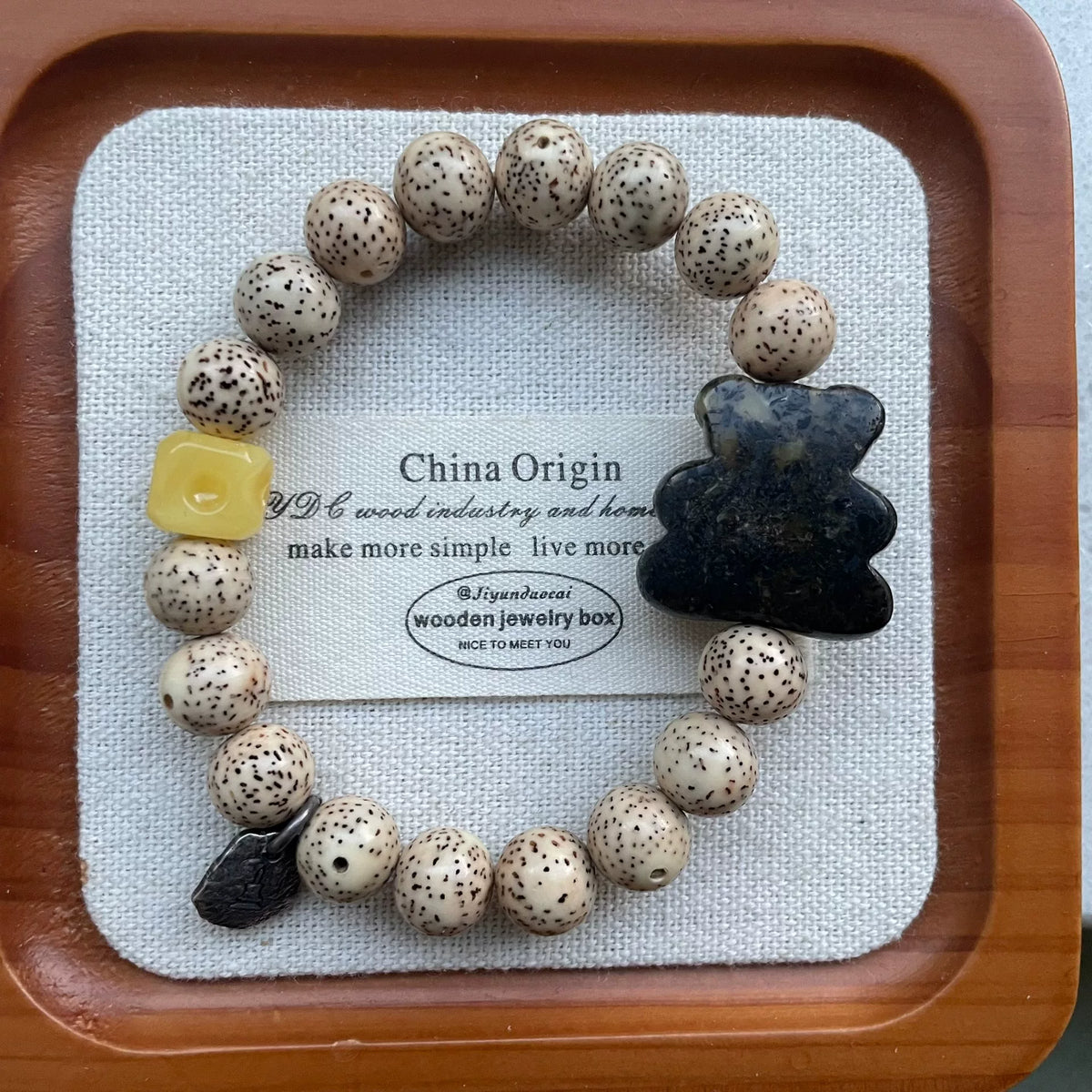 Natural Bodhi Seed Bear Charm Bracelet
