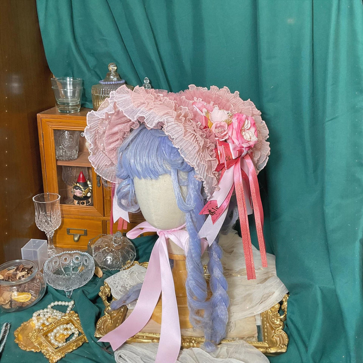 Lolita Straw Bonnet with Pink Lace
