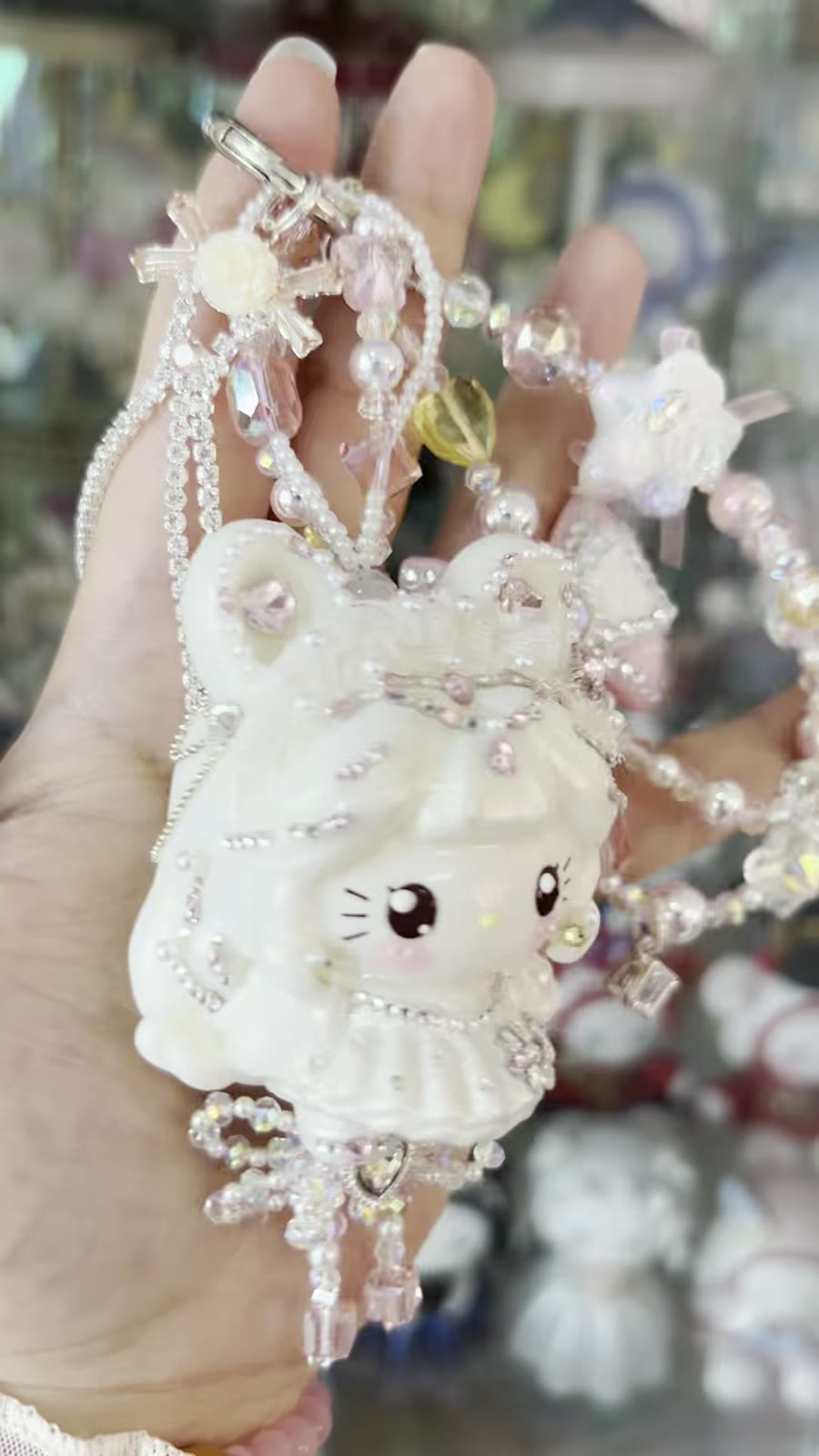 Handcrafted Cat Bag Charm White Crystal