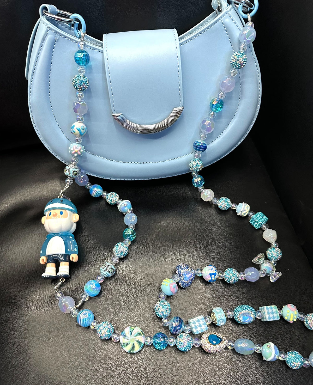 Light Blue Crescent Bag with Beaded Strap