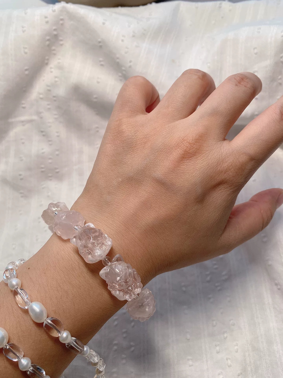 Pulsera de cuentas de cuarzo fantasma de nieve y cuarzo transparente
