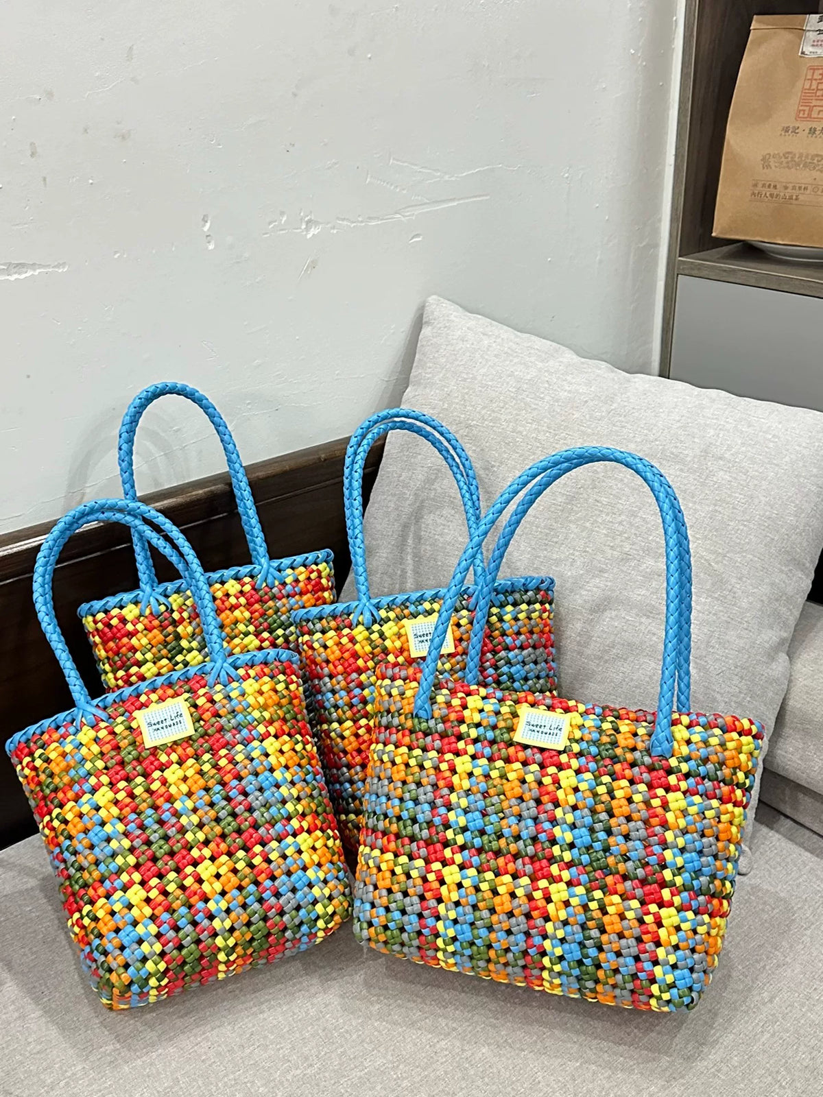 Mala de Vime Multicolor Tecida à Mão Média