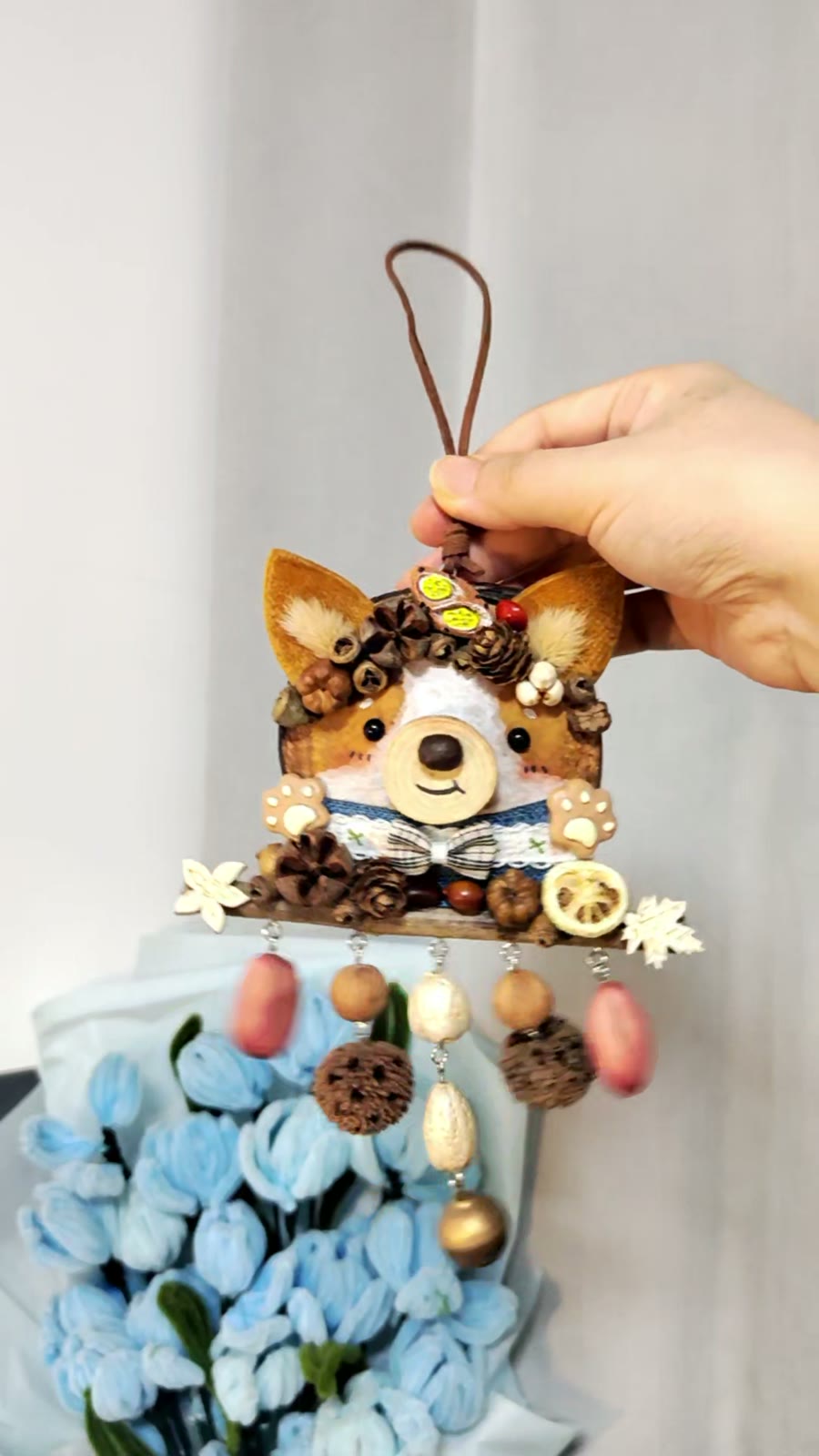 Handgemaakte Entada Zaadappel Corgi Gezicht Ornament