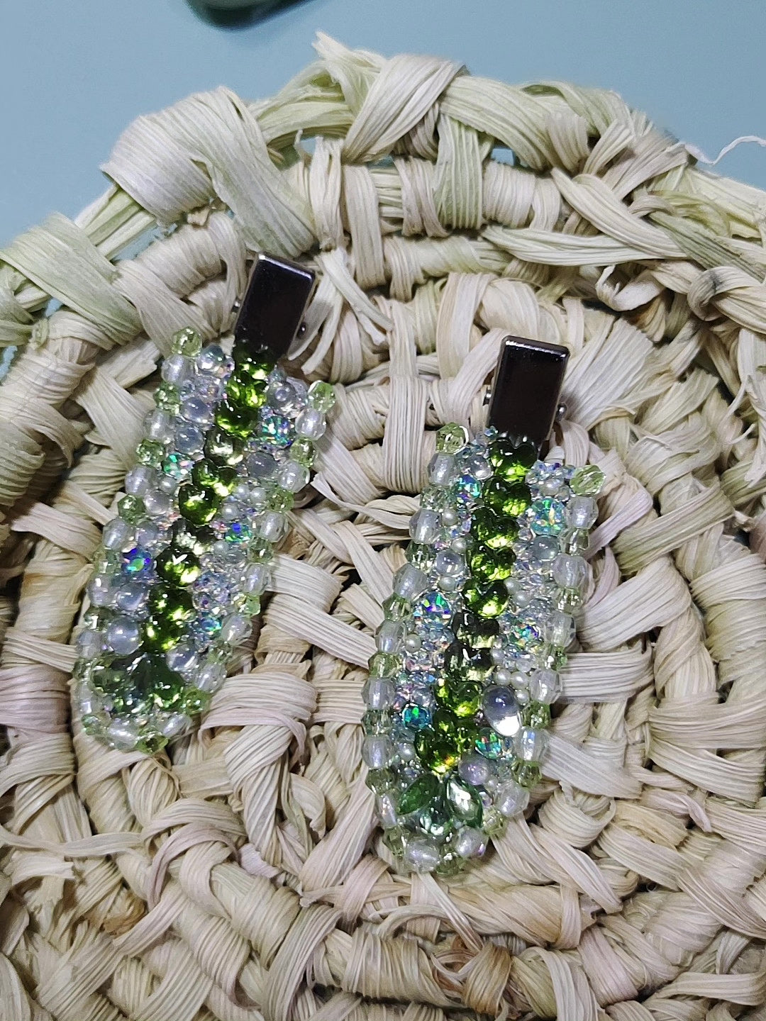 Handmade Green Beaded Hair Clip Pair