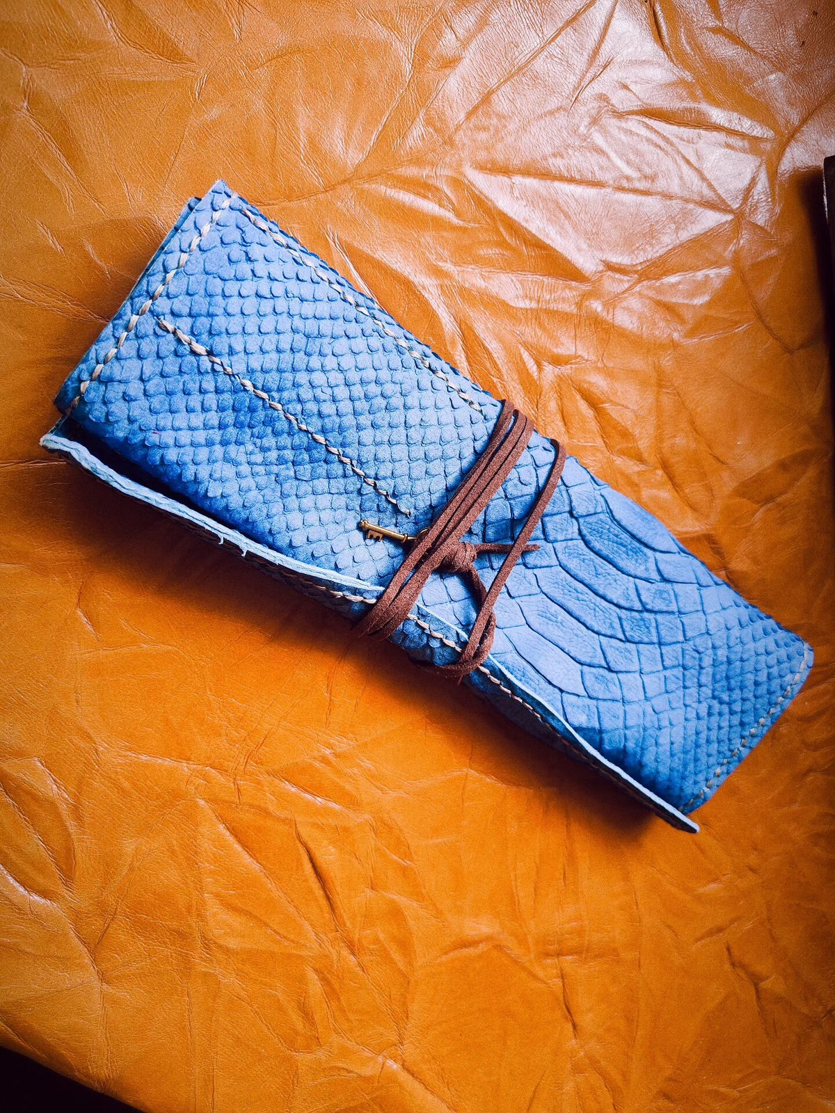 Cowhide Pen Case Set with Blue Texture