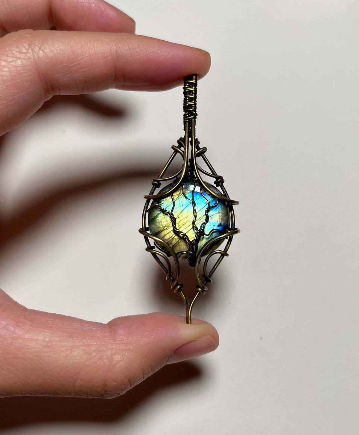 Labradorite Pendant Wire Wrapped Brass