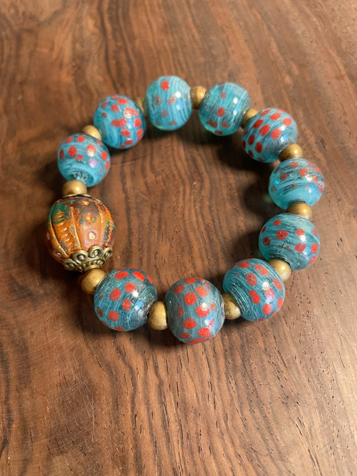Turquoise Millefiori Glass and African Clay Beaded Bracelet