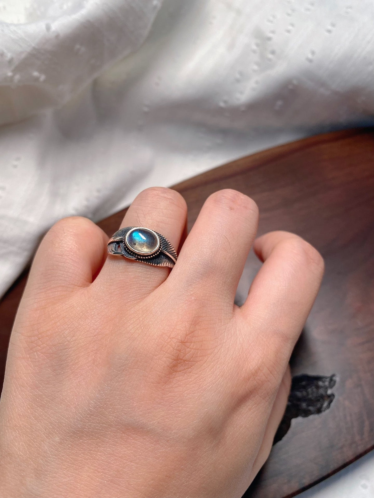 S925 Silver Labradorite Feather Ring