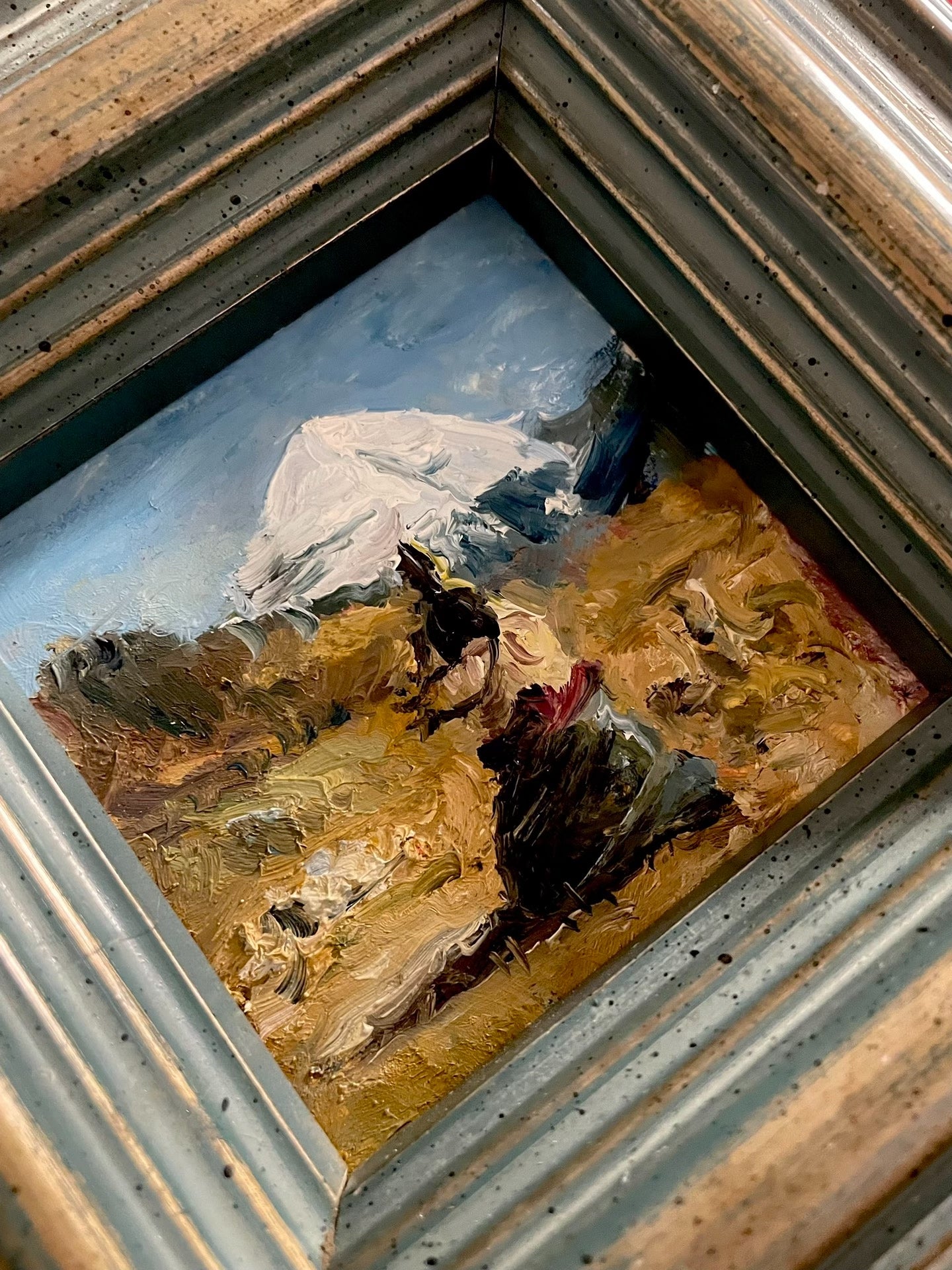 Hand-Painted Oil Painting of Snow-Capped Mountain Landscape, 10x10cm Canvas in 20x20cm Wooden Frame